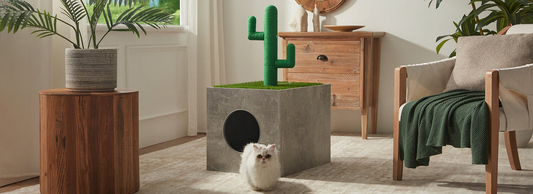 Cat Litter Box Enclosure Furniture - Faux Concrete Design With Cactus Cat Tree-Banner