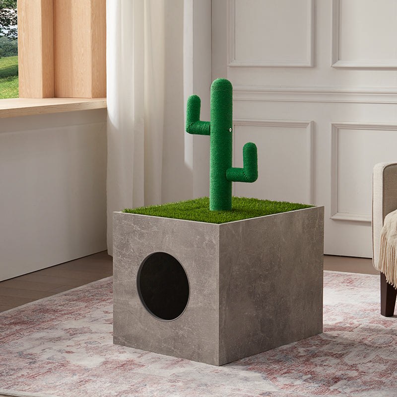 Cat_Litter_Box_Enclosure_Furniture_-_Faux_Concrete_Design_With_Cactus_Cat_Tree_Concrete and Cactus Design