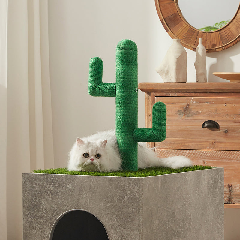 Cat Litter Box Enclosure Furniture - Faux Concrete Design With Cactus Cat Tree Comfortable Artificial Turf