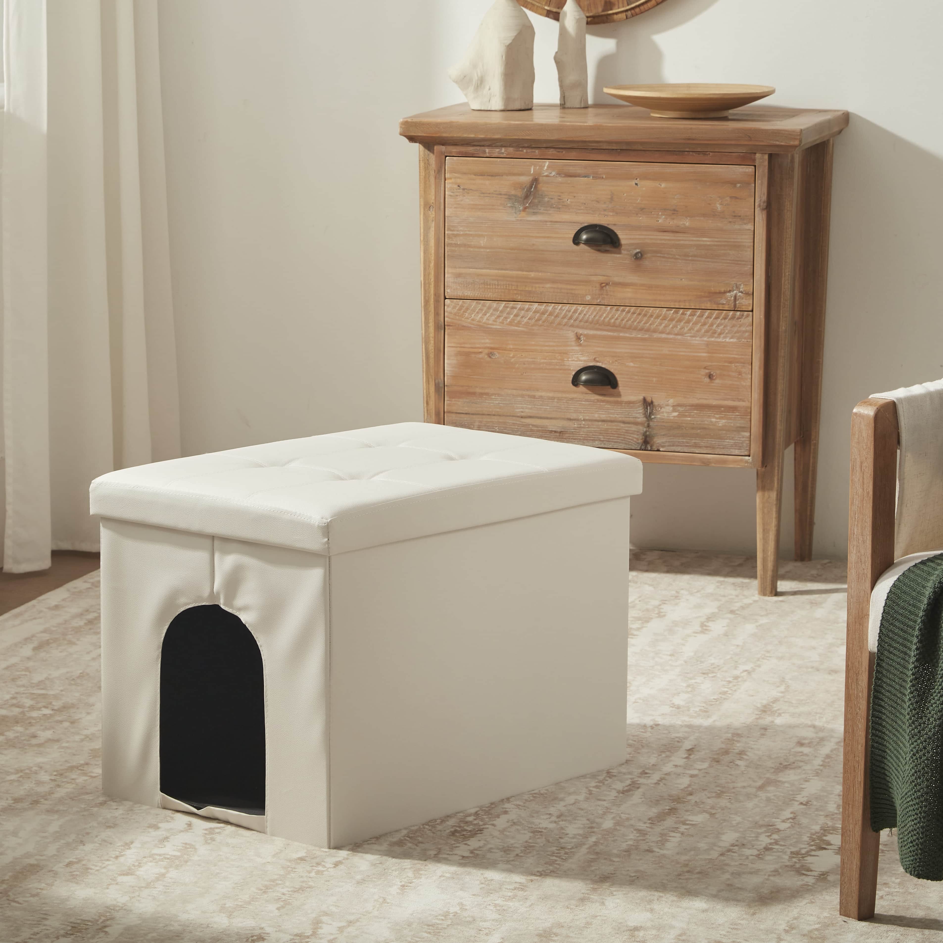 MEEXPAWS Hidden Cat Litter Box Enclosure Leather Furniture - Waterproof Wooden Cabinet