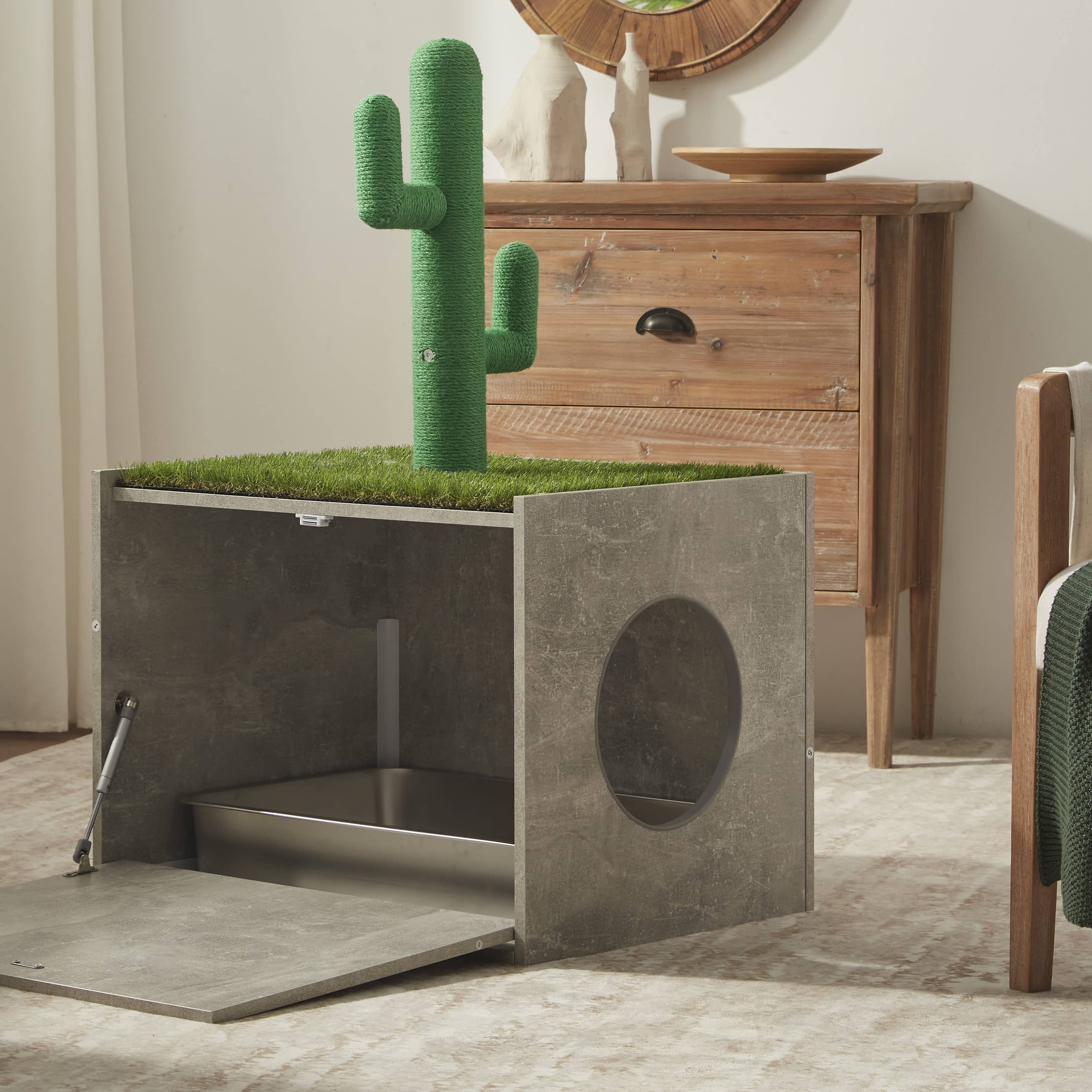 cat house planter MEEXPAWS Modern Cat Litter Box Enclosure with Cactus Scratching Post